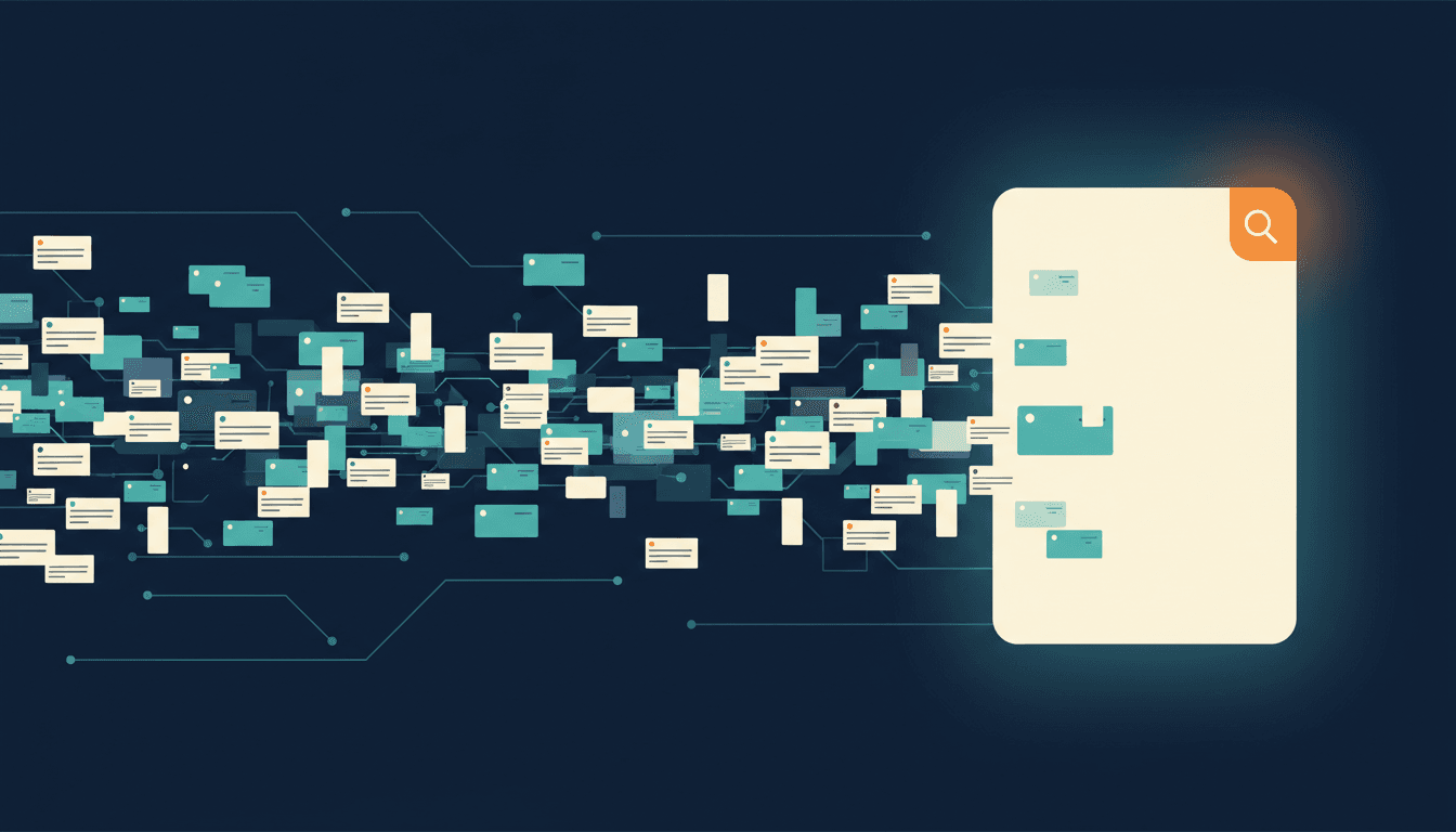 Abstract editorial illustration of search results flowing through an AI pipeline in navy and teal tones