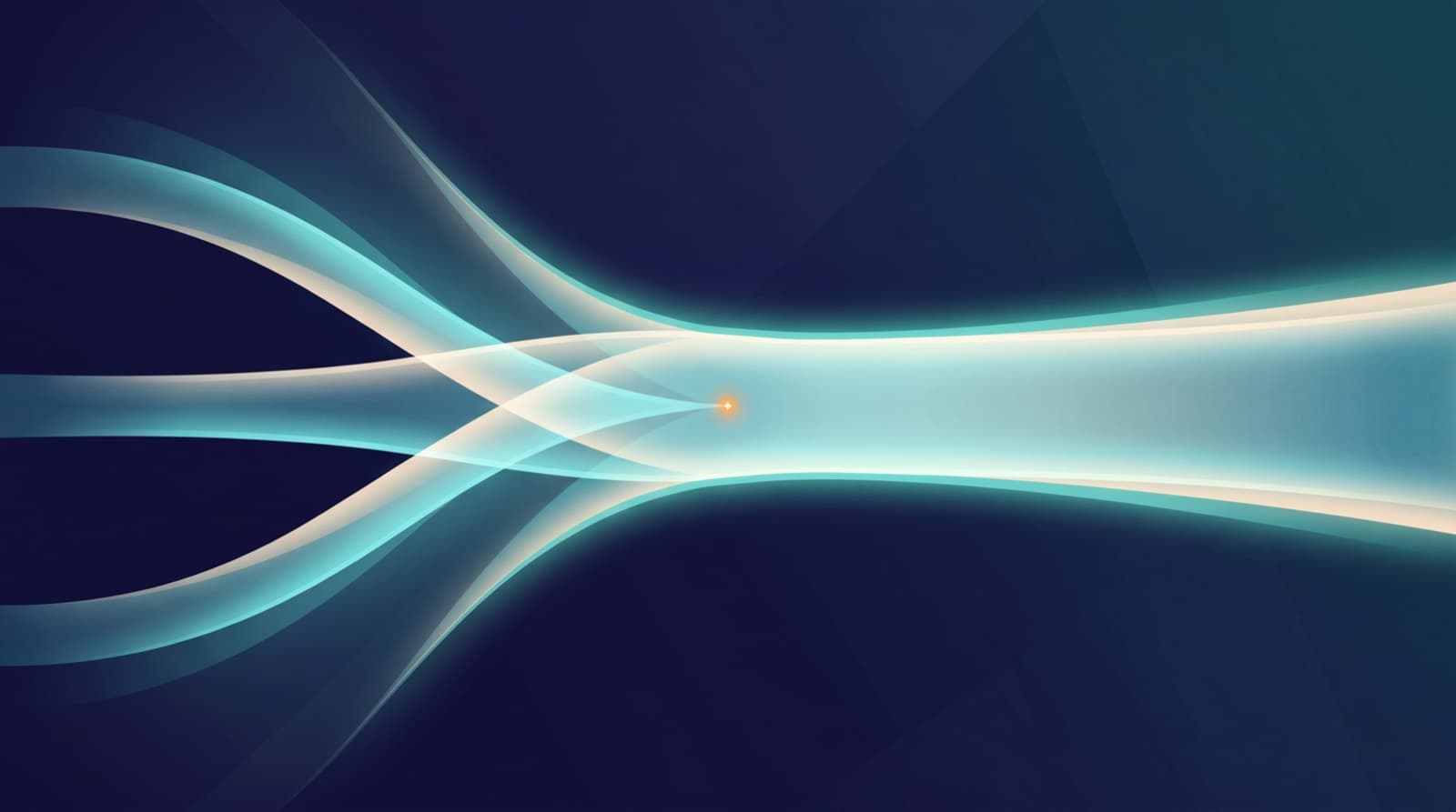 Abstract illustration of three light paths converging into one wide beam in navy and teal tones with a small orange spark