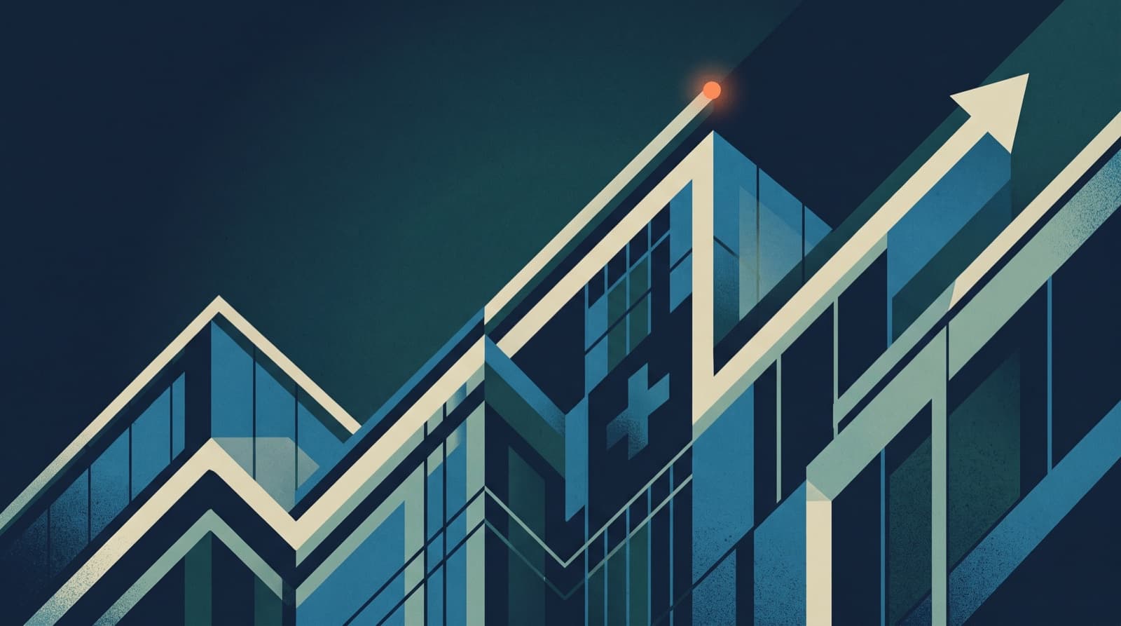 Abstract illustration of a modern hospital building with rising growth lines in navy and teal tones