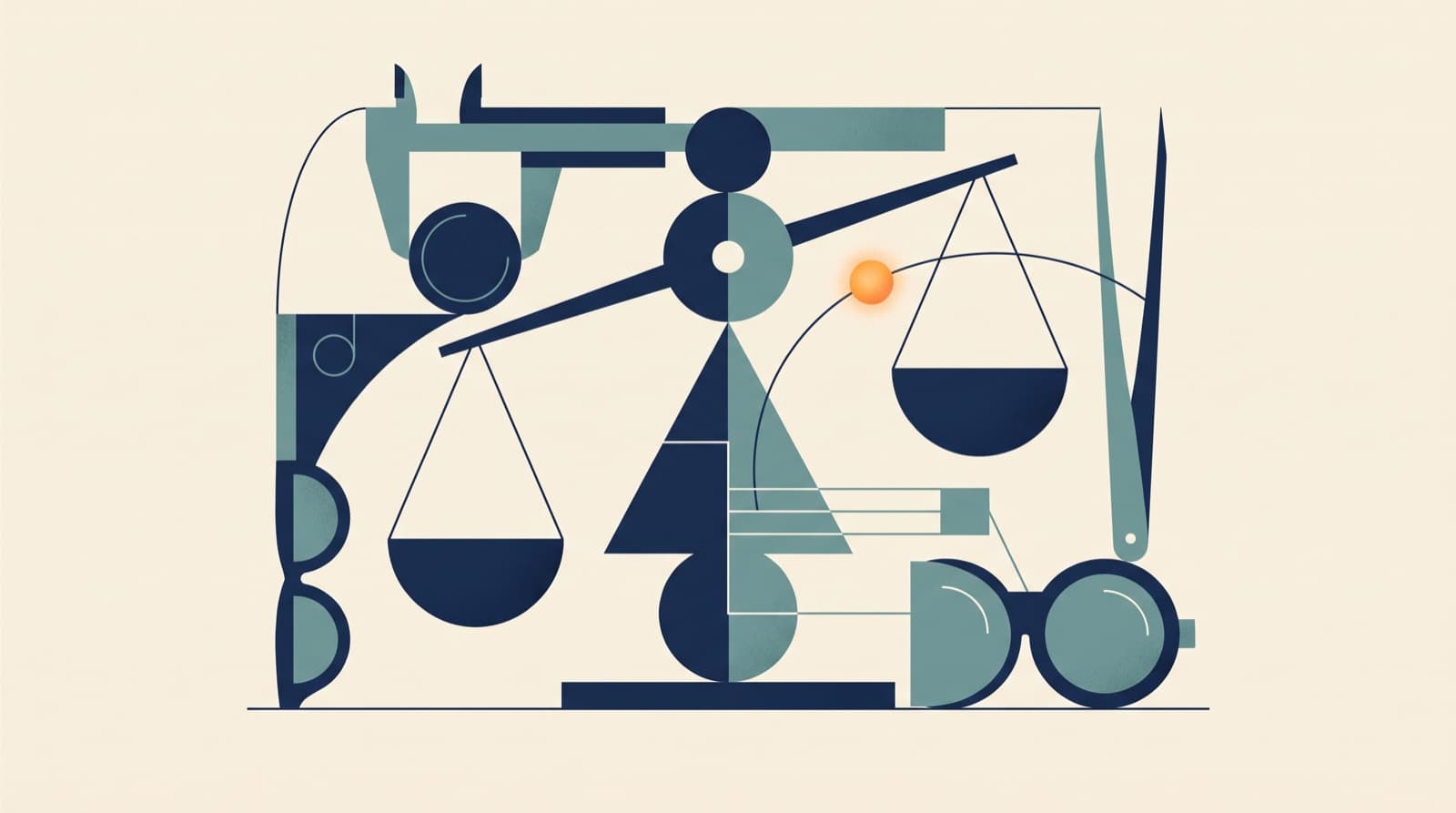 Abstract geometric illustration suggesting a balance scale and precision instruments in navy and teal tones