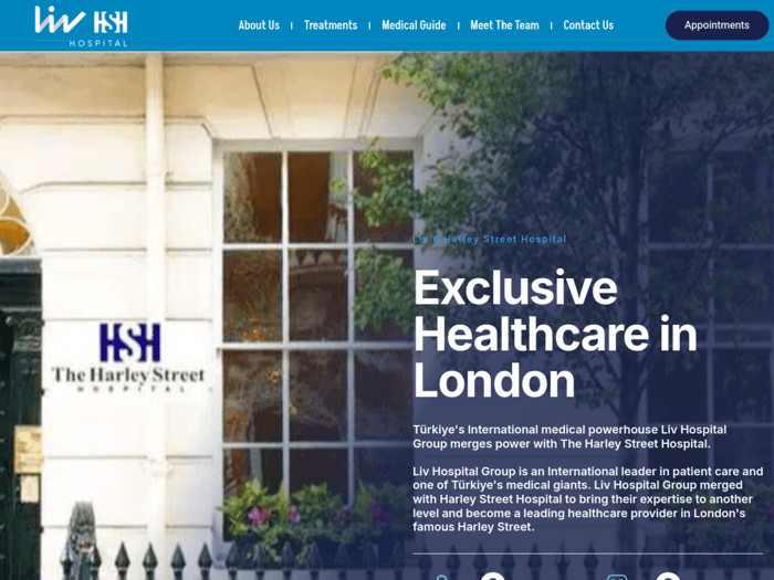 Homepage of the Liv Harley Street Hospital website built by MEDITR