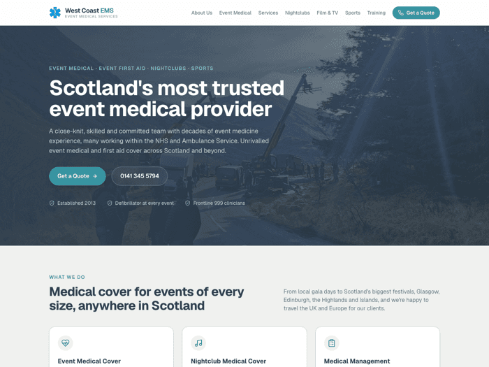 Homepage of the West Coast EMS event medical website built by MEDITR