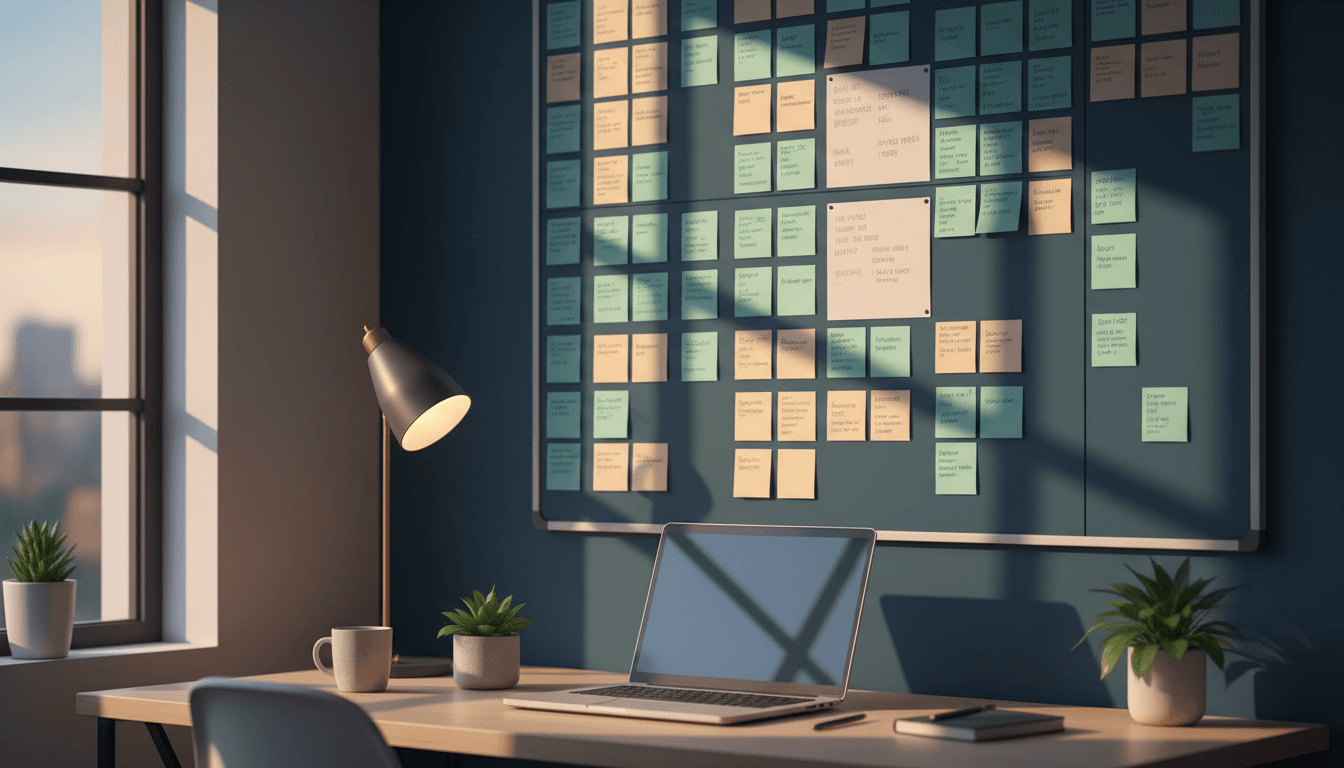 A planning wall and desk in a calm studio — how MEDITR maps the work