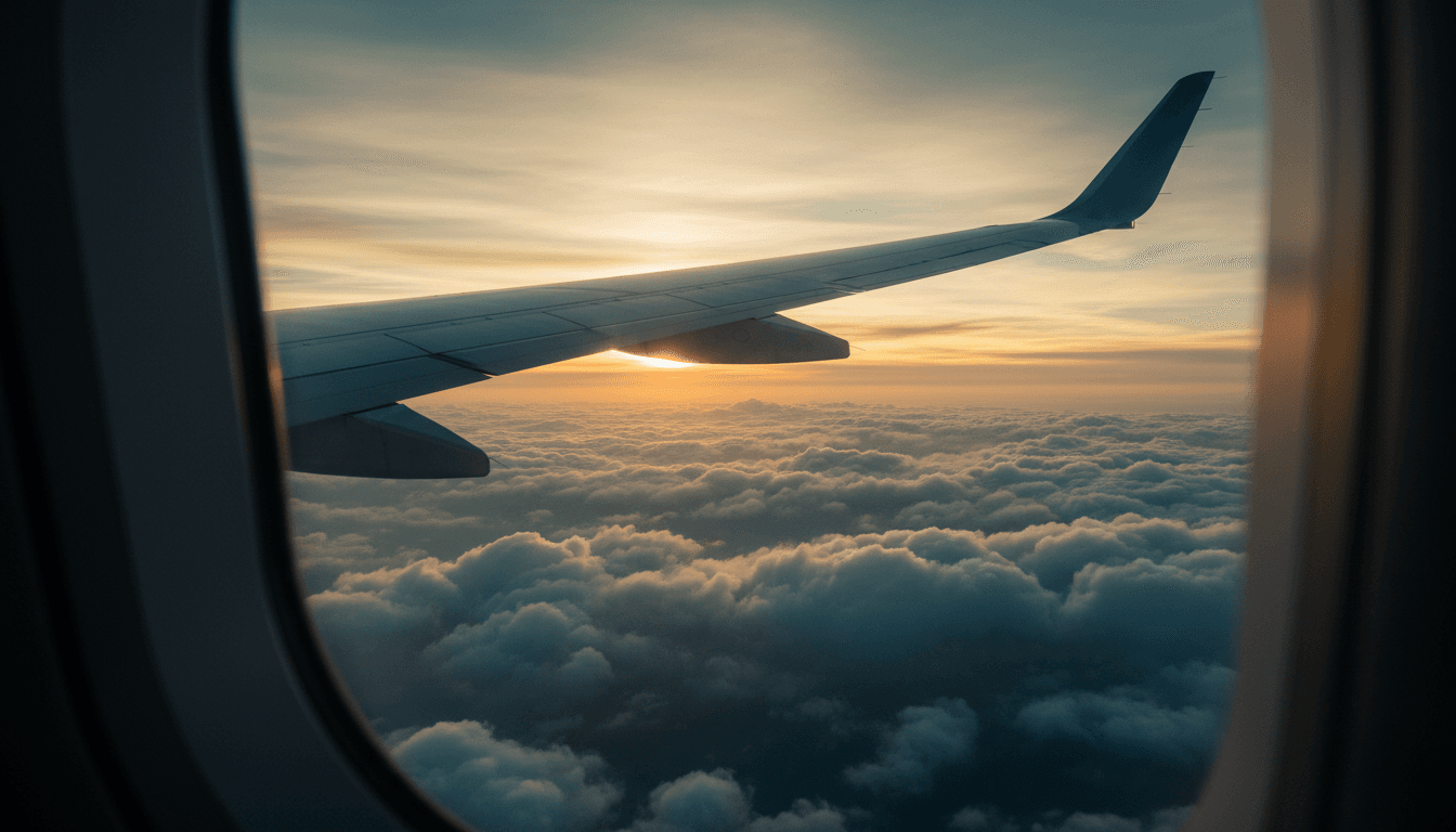 Airplane wing above clouds at golden hour